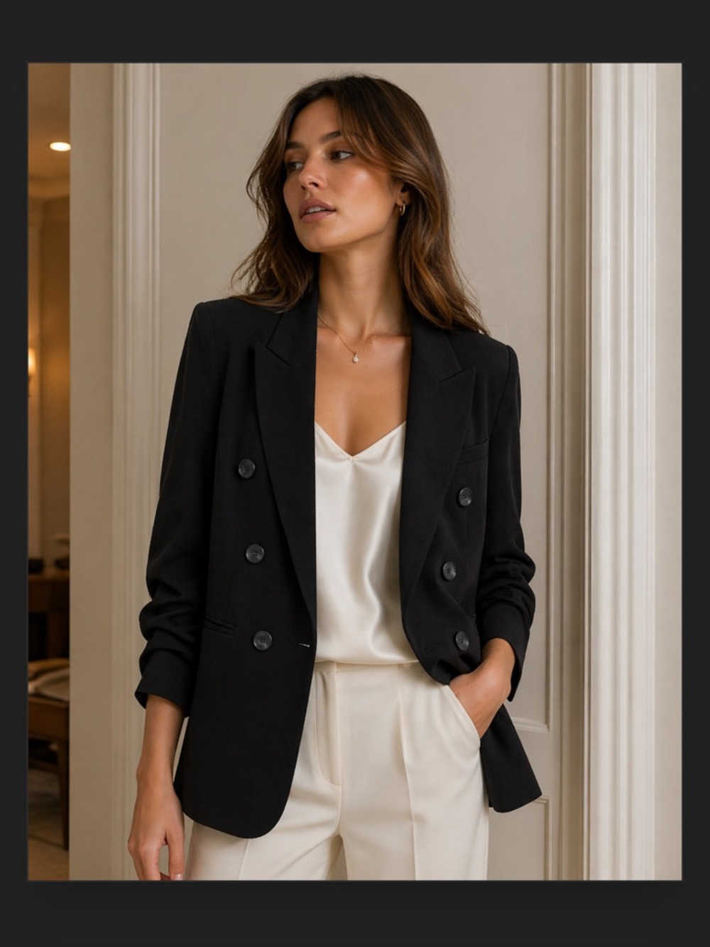 NWT Rachel Zoe Black Double-Breasted Blazer with Ruched Sleeves